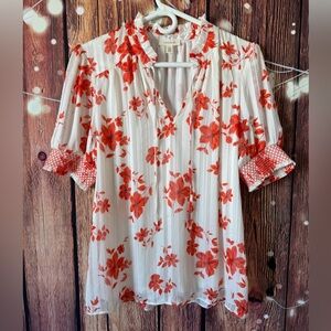 Floral Ruffle Blouse - Red and White